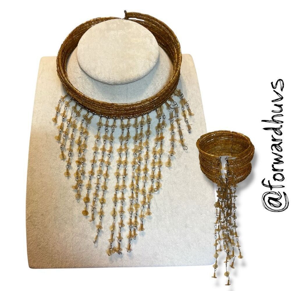 Statement Cuff Necklace & Bracelet Set – Gold Tone Beaded Fringe